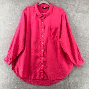 Lands End Shirt Women 2X Orange Linen Button Up Collared Roll Tab Long Sleeve
